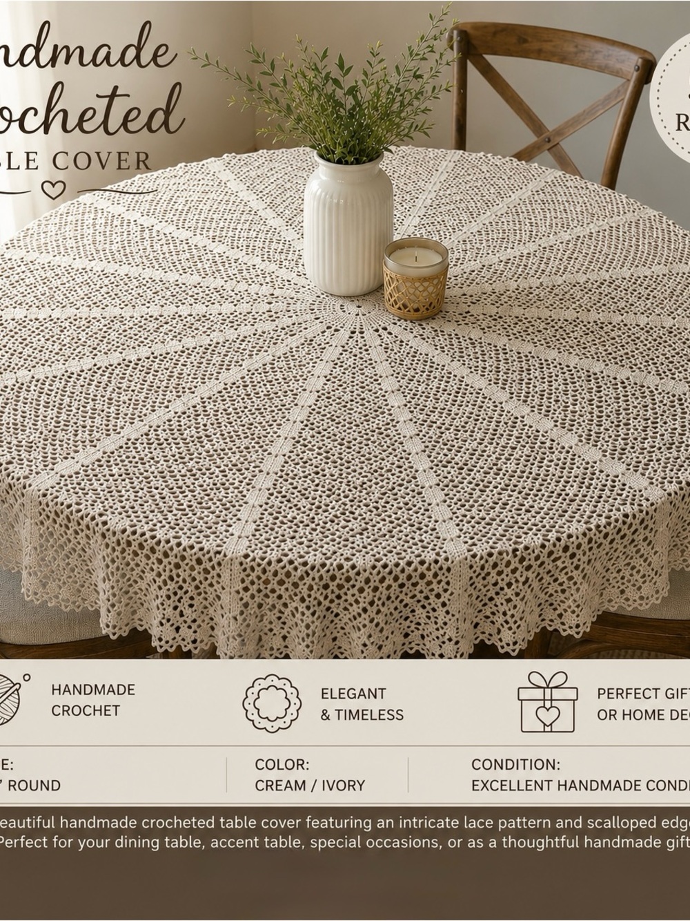 Handmade Vintage Crochet Round Table Cover – 56” Cream/Ivory